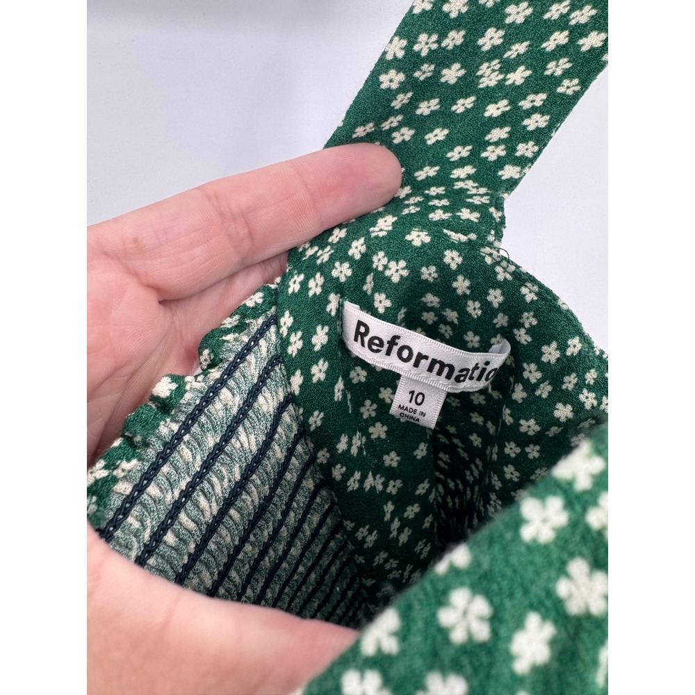 Reformation Hester Crepe Top Womens 10 Green Floral Sweetheart Smocked Back - Picture 4 of 7